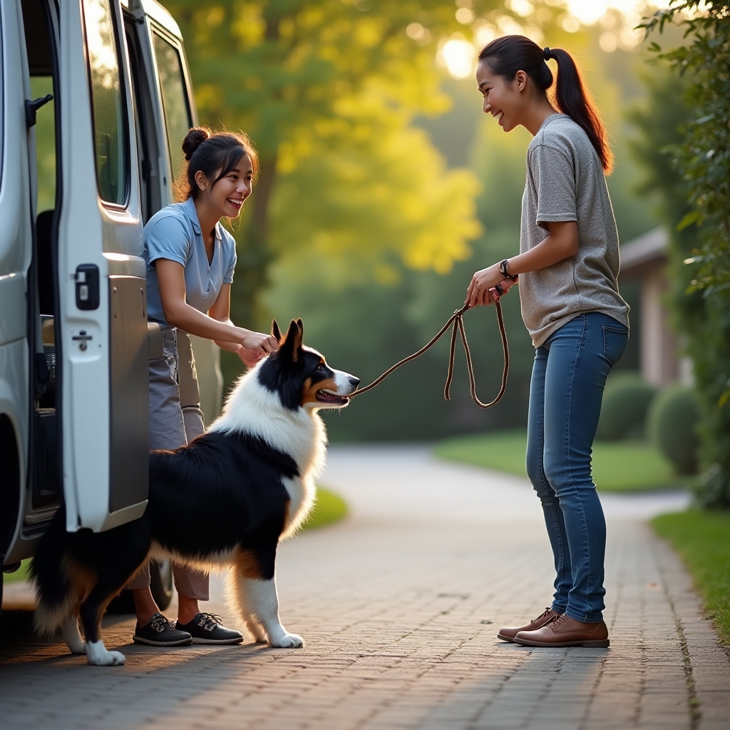 Dog owner handing over their dog to the groomer at the mobile van