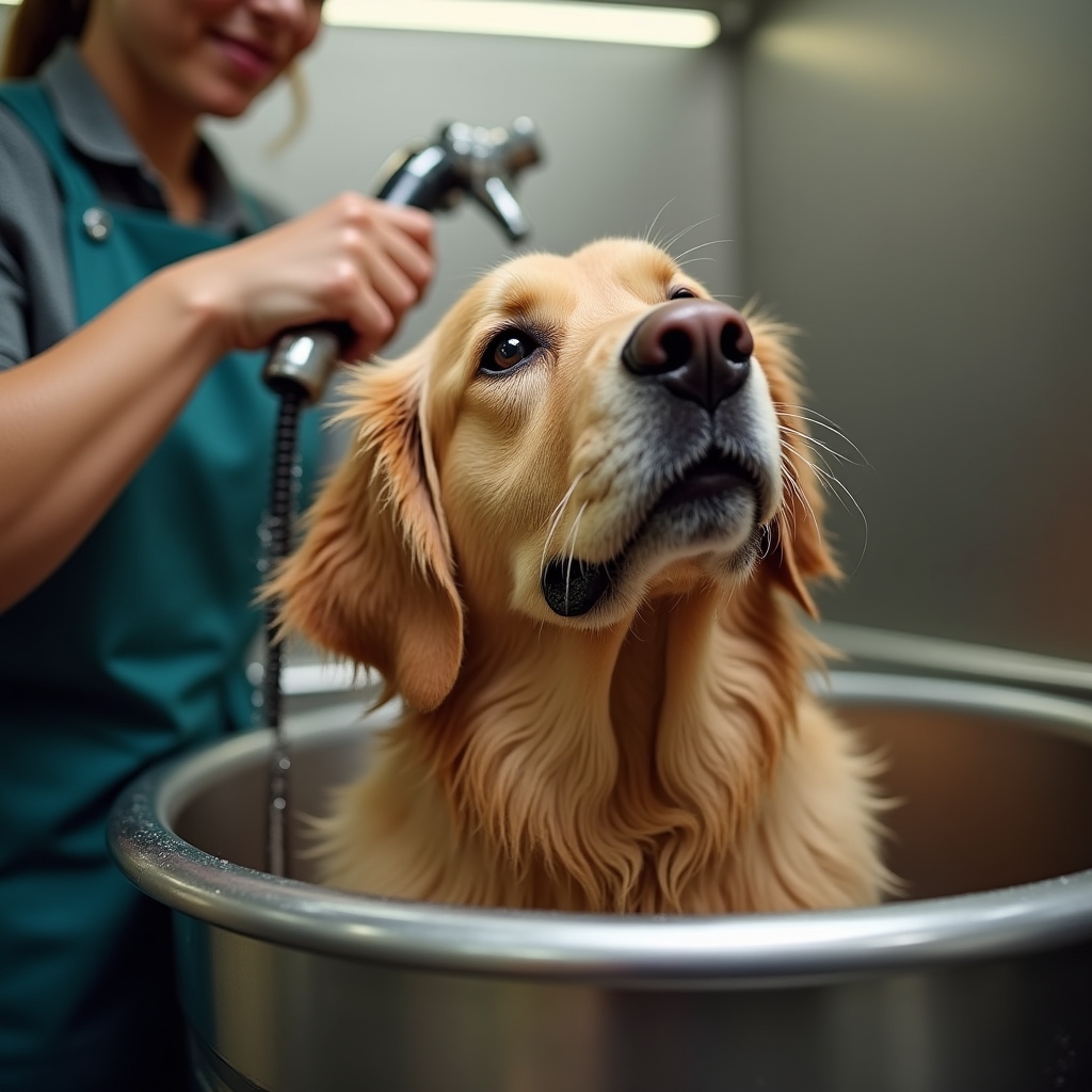 Dog being bathed in a mobile grooming van's built-in tub