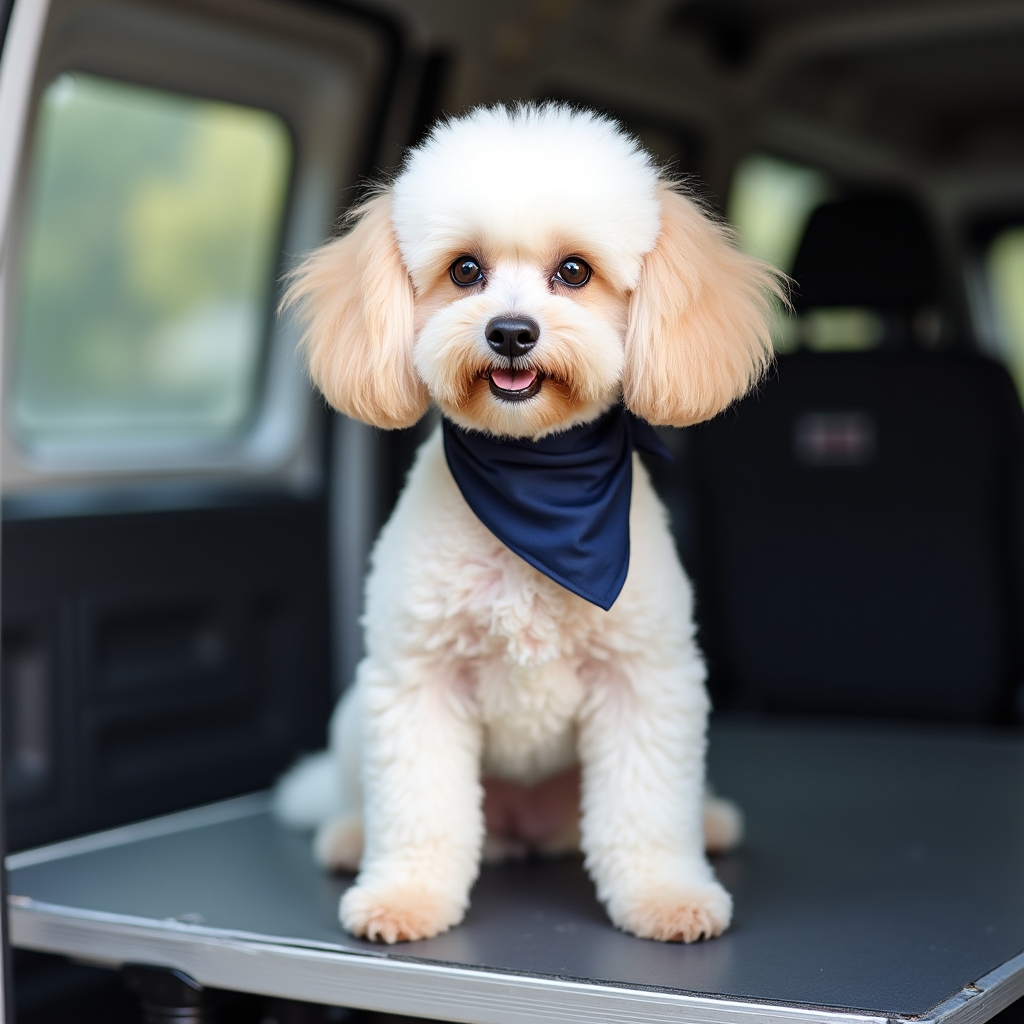 Freshly groomed dog with bandana after a mobile grooming session