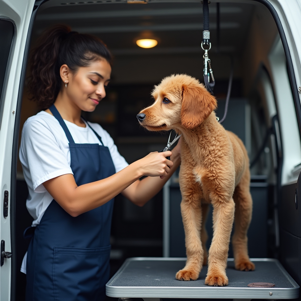 Professional groomer working calmly with a relaxed dog inside the mobile van
