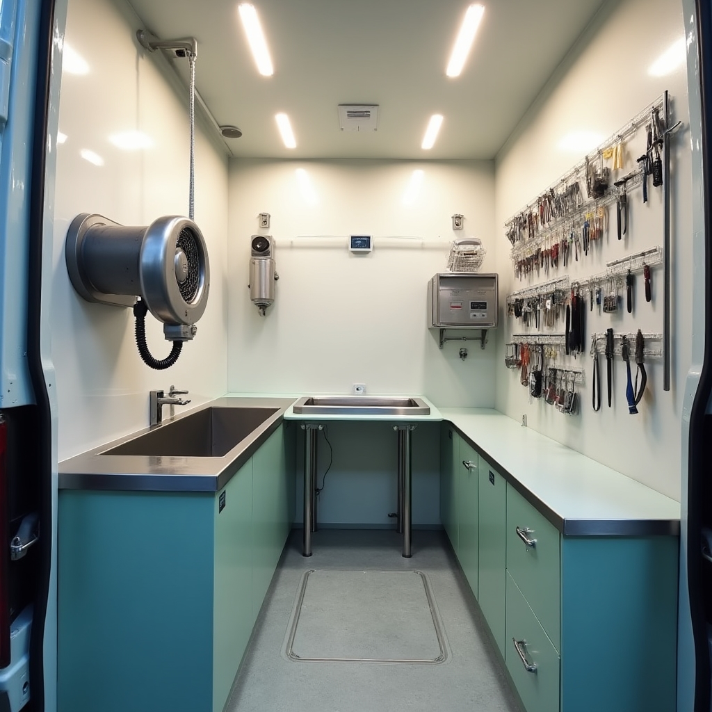 Interior of mobile grooming van showing tub, dryer, and professional tools